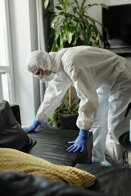 Two professional cleaners from Haringey Cleaner are engaged in surface cleaning within a residential living room. The room features a modern design with a dark-colored sofa, several cushions, a rectan